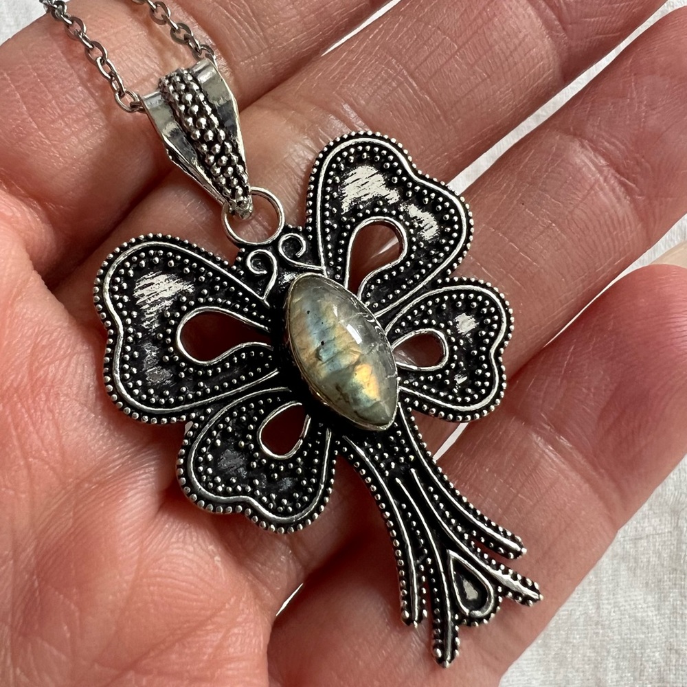 925 Gold Lightning Flash Labradorite Bow Butterfly Pendant Necklace